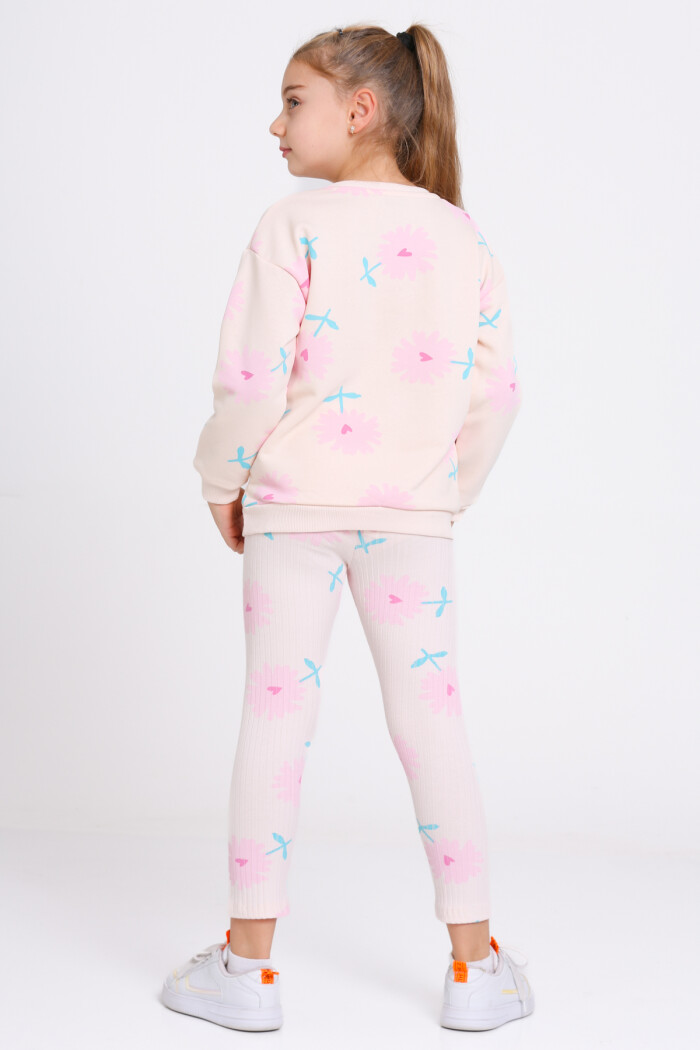 Kız Çocuk Pudra Kalpli Papatya Desenli 3-7 Yaş Takım - 23275-3