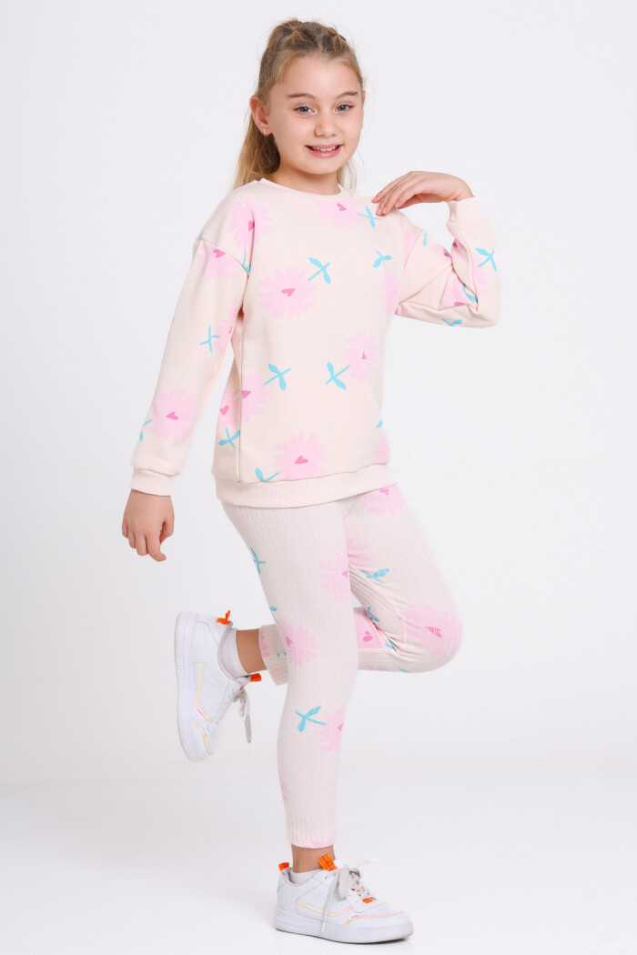 Kız Çocuk Pudra Kalpli Papatya Desenli 3-7 Yaş Takım - 23275-3