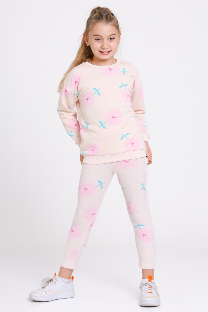 Kız Çocuk Pudra Kalpli Papatya Desenli 3-7 Yaş Takım - 23275-3