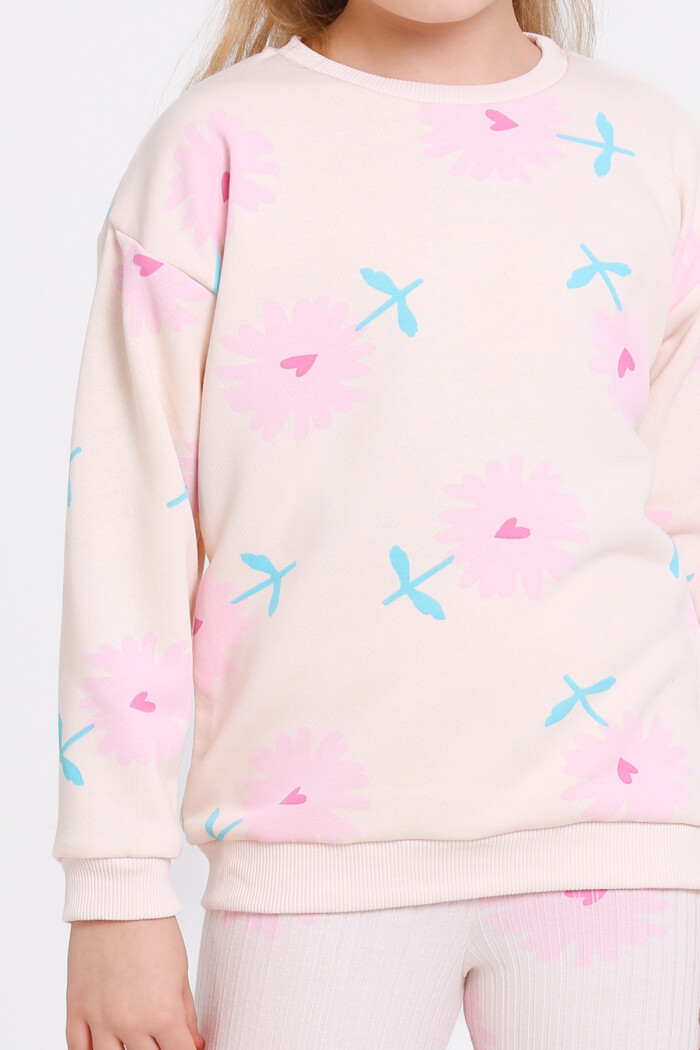 Kız Çocuk Pudra Kalpli Papatya Desenli 3-7 Yaş Takım - 23275-3