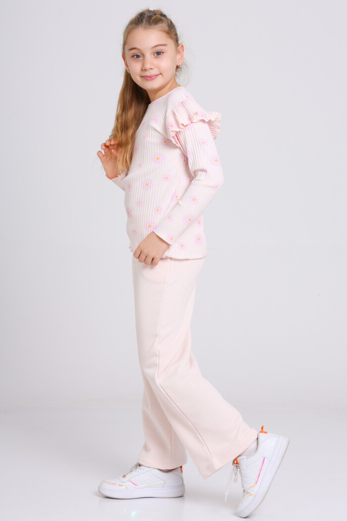 Kız Çocuk Pudra Papatya Desenli 3-7 Yaş Takım - 23270-3