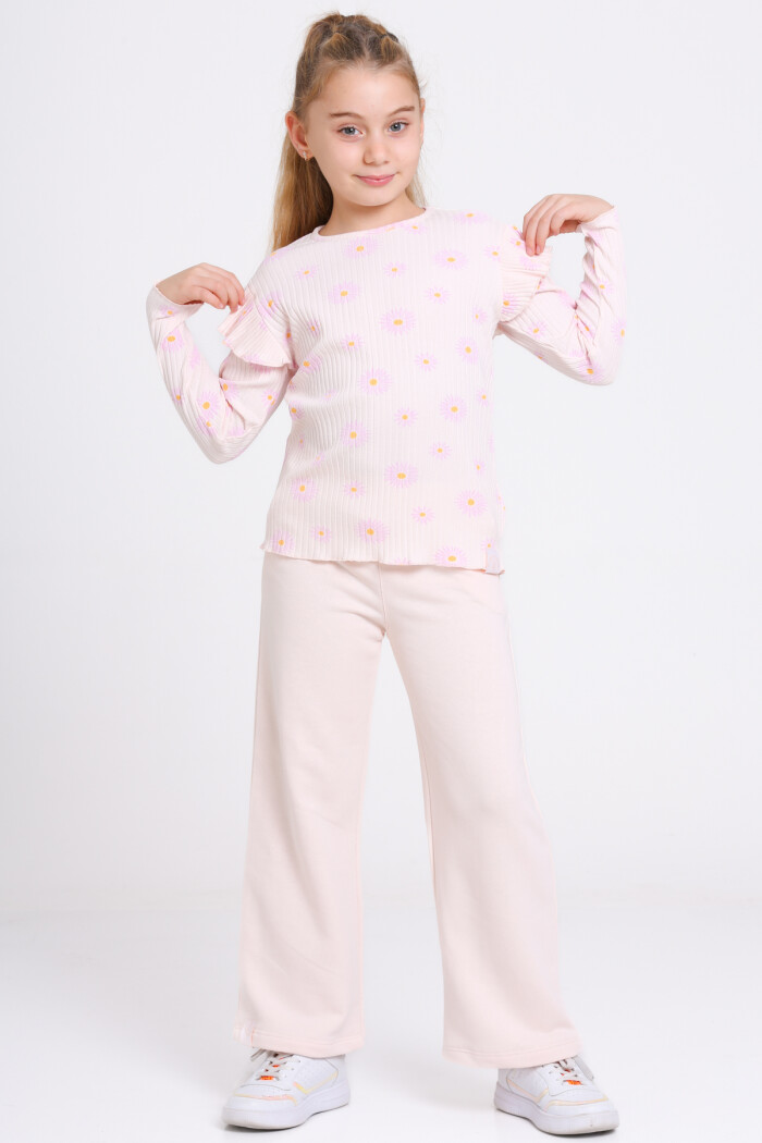 Kız Çocuk Pudra Papatya Desenli 3-7 Yaş Takım - 23270-3