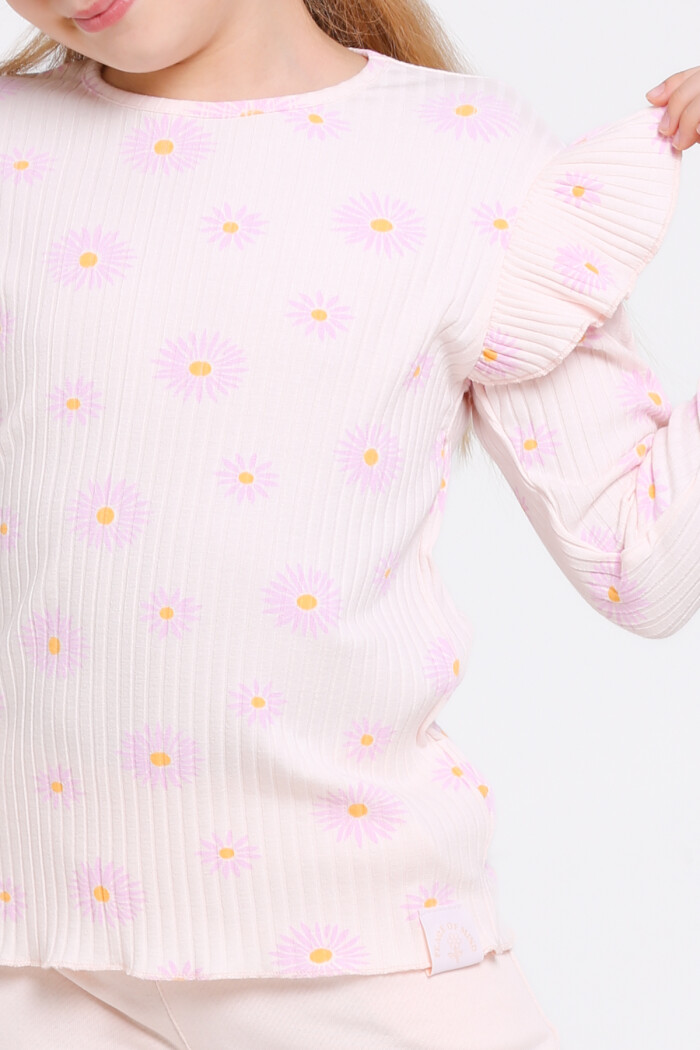 Kız Çocuk Pudra Papatya Desenli 3-7 Yaş Takım - 23270-3