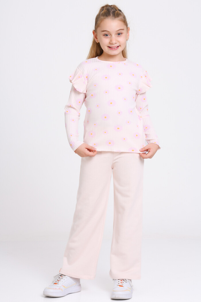 Kız Çocuk Pudra Papatya Desenli 3-7 Yaş Takım - 23270-3