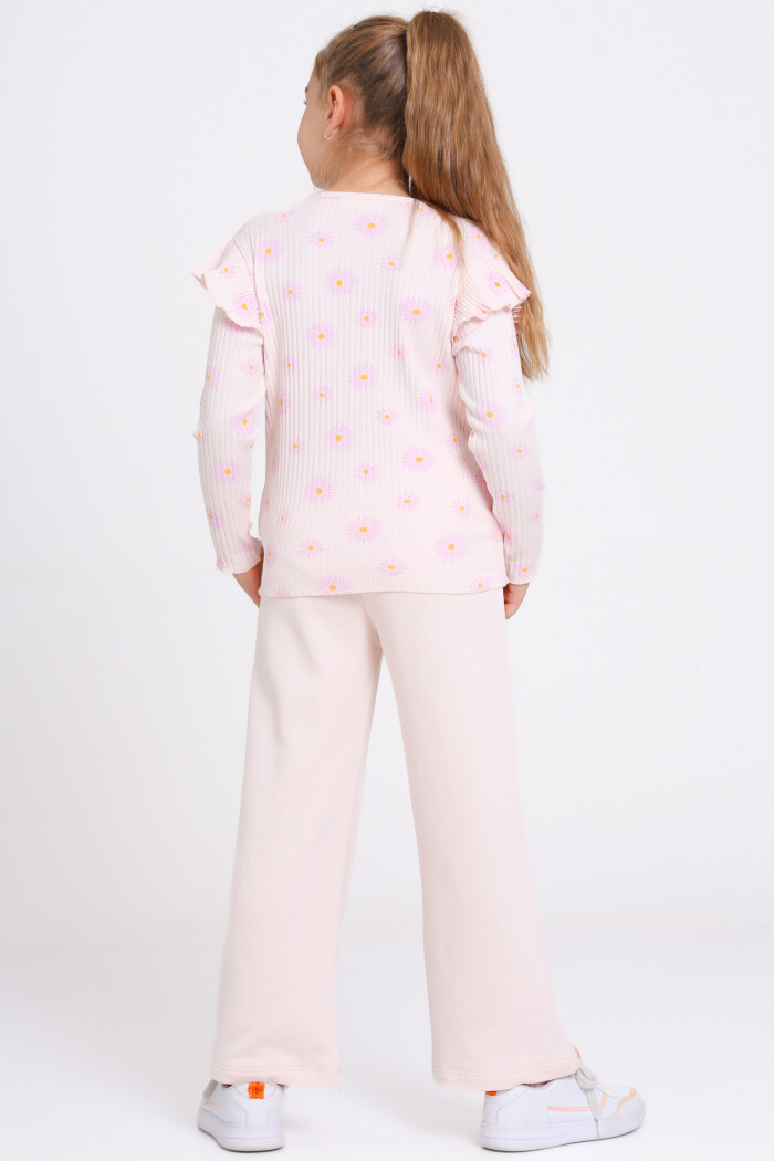 Kız Çocuk Pudra Papatya Desenli 3-7 Yaş Takım - 23270-3