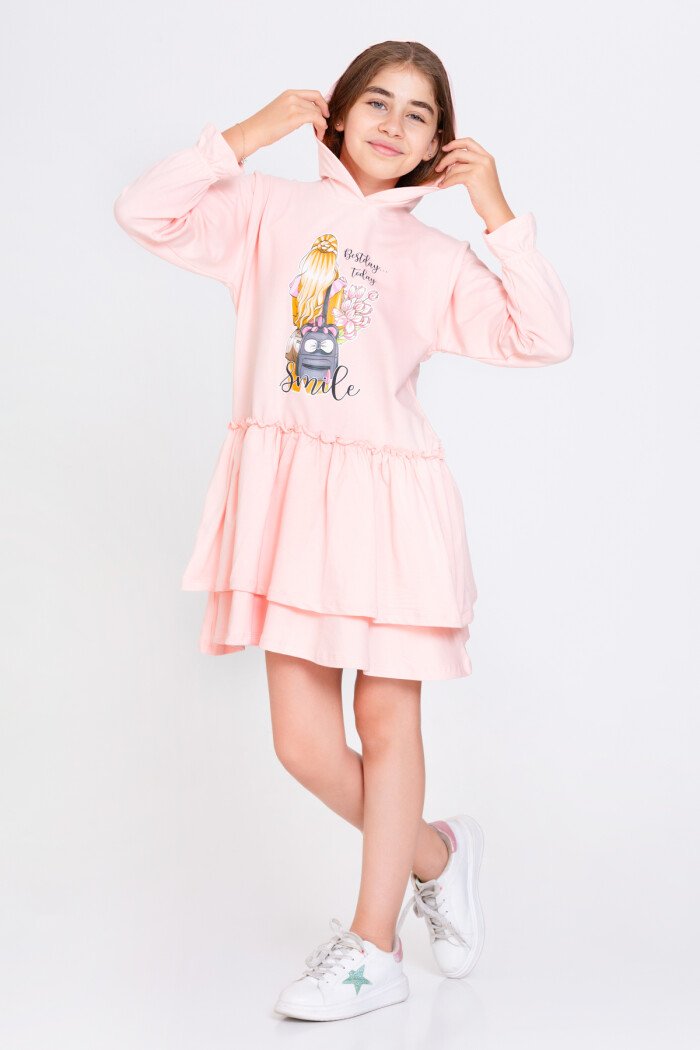 Kız Çocuk Pudra Smile Baskı 5-9 Yaş Elbise - 23106-3