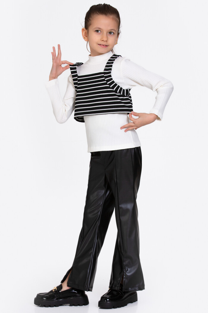 Kız Çocuk Siyah Çizgili Deri Pantolonlu 3lü 5-9 Yaş Takım - 23359-3