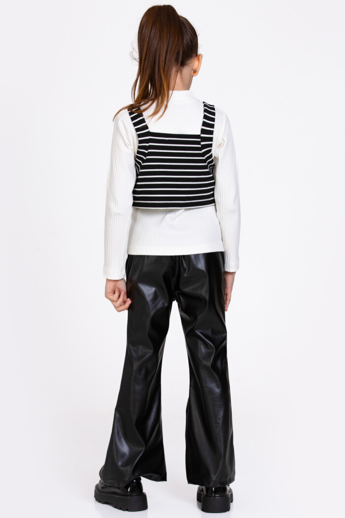 Kız Çocuk Siyah Çizgili Deri Pantolonlu 3lü 5-9 Yaş Takım - 23359-3