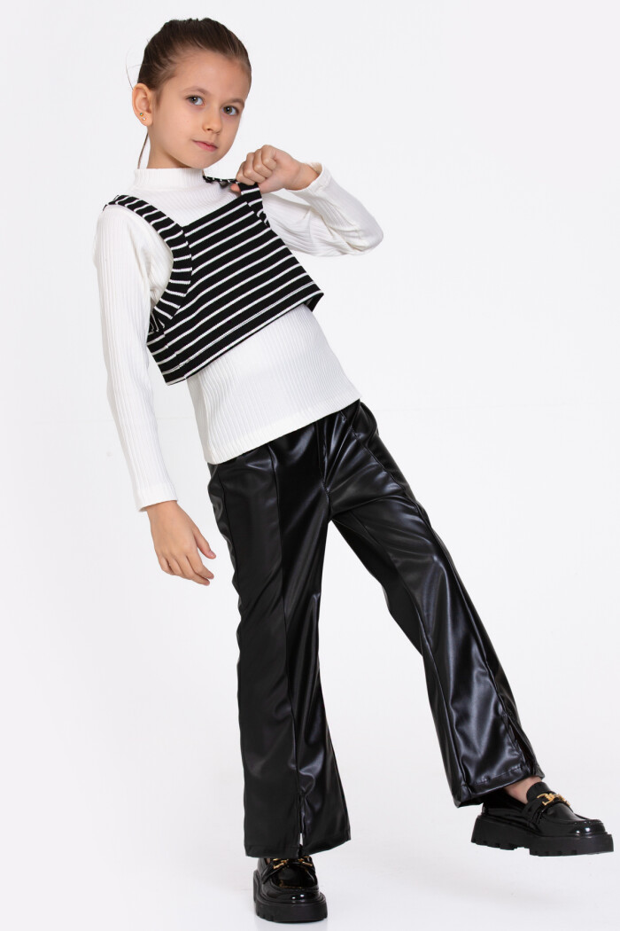 Kız Çocuk Siyah Çizgili Deri Pantolonlu 3lü 5-9 Yaş Takım - 23359-3