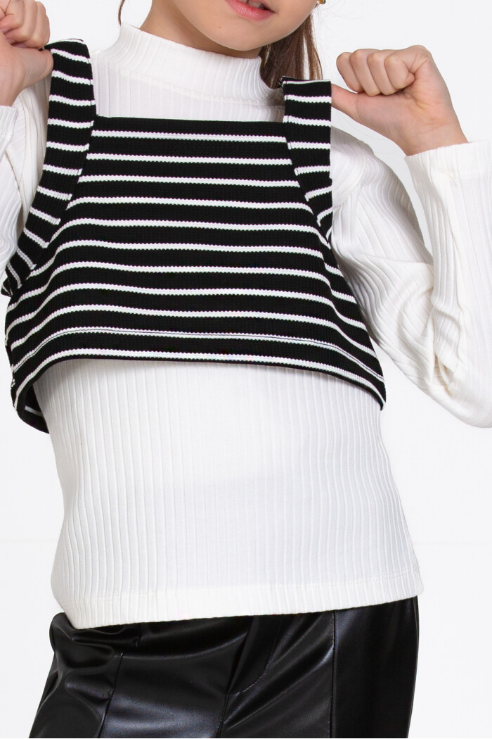 Kız Çocuk Siyah Çizgili Deri Pantolonlu 3lü 5-9 Yaş Takım - 23359-3