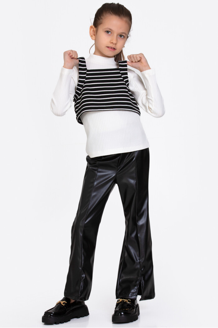 Kız Çocuk Siyah Çizgili Deri Pantolonlu 3lü 5-9 Yaş Takım - 23359-3
