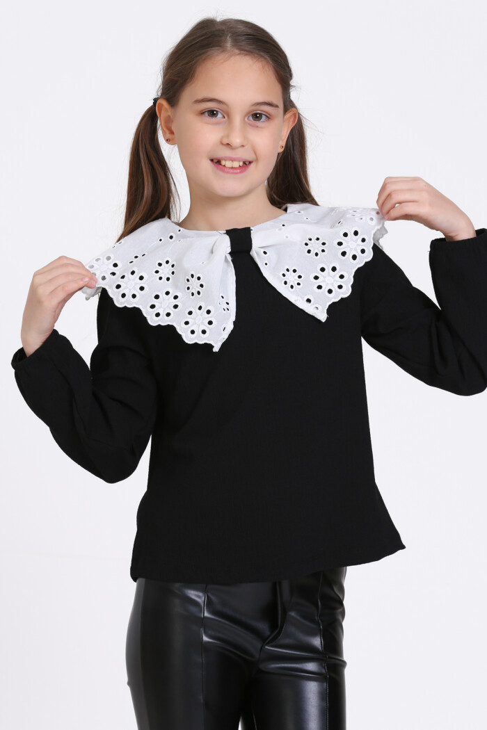 Kız Çocuk Siyah Dantel Yakalı 4-12 Yaş Badi - 23335-2