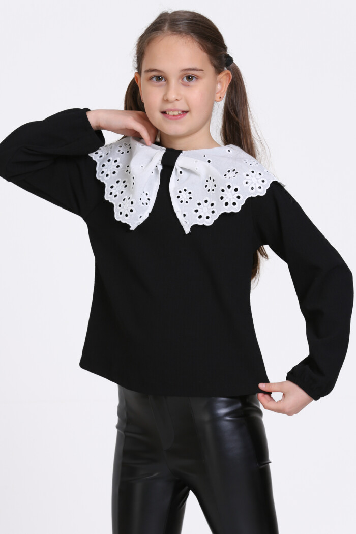 Kız Çocuk Siyah Dantel Yakalı 4-12 Yaş Badi - 23335-2