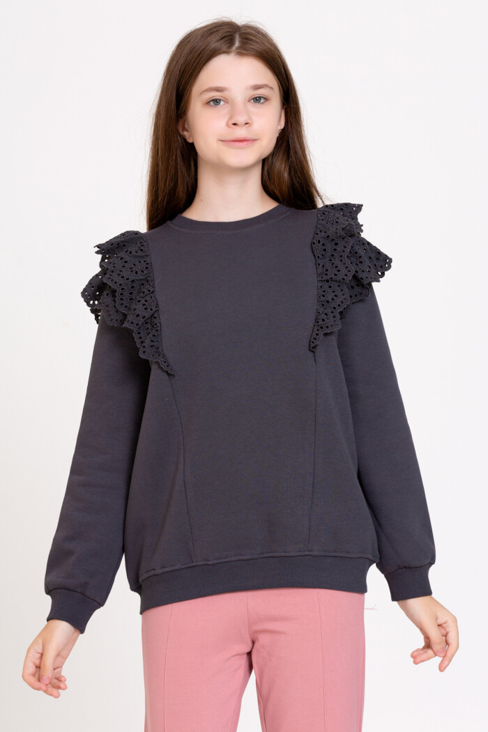 Kız Çocuk Siyah Dantelli 4-12 Yaş Sweatshirt - 23178-3