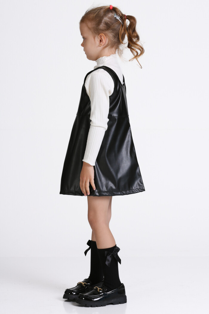 Kız Çocuk Siyah Deri Elbiseli 3-7 Yaş Takım - 23313-2