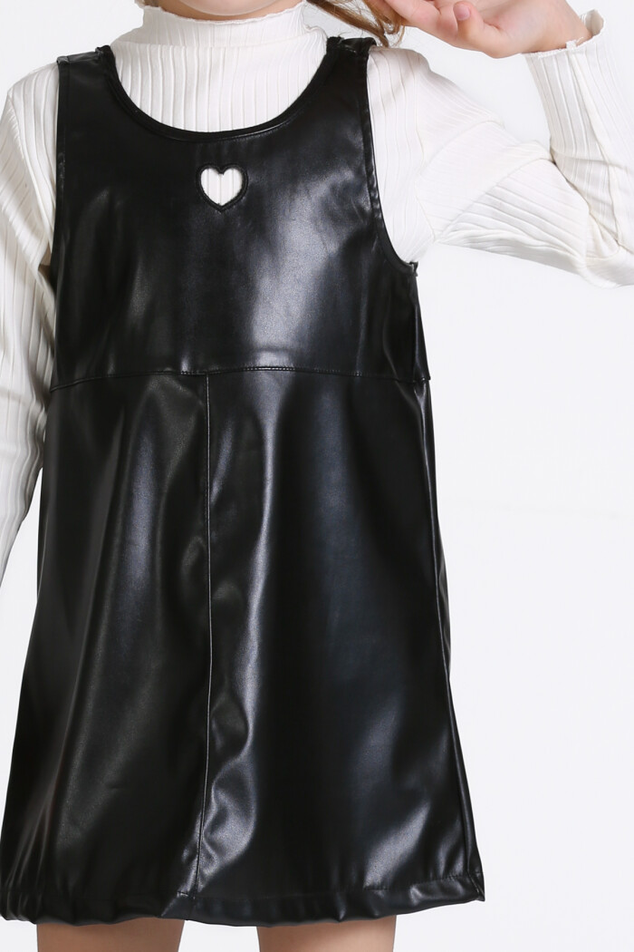 Kız Çocuk Siyah Deri Elbiseli 3-7 Yaş Takım - 23313-2