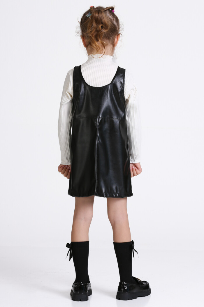 Kız Çocuk Siyah Deri Elbiseli 3-7 Yaş Takım - 23313-2