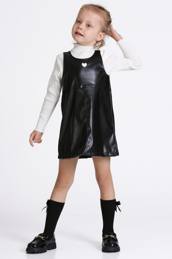 Kız Çocuk Siyah Deri Elbiseli 3-7 Yaş Takım - 23313-2