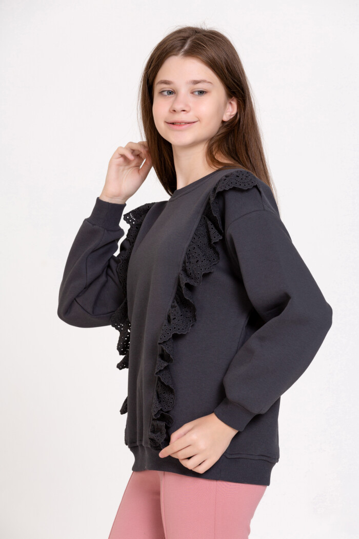 Kız Çocuk Siyah Fırfırlı 4-12 Yaş Sweatshirt - 23175-2