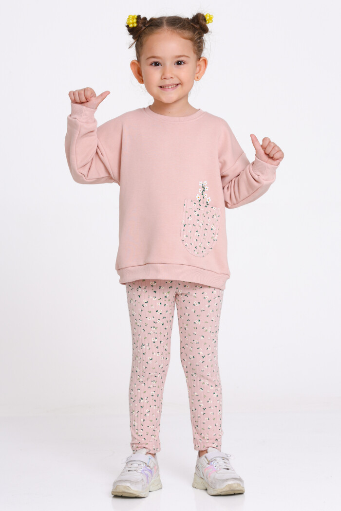 Kız Çocuk Yavru Ağzı Çiçek Desenli 1-5 Yaş Takım - 23276-2