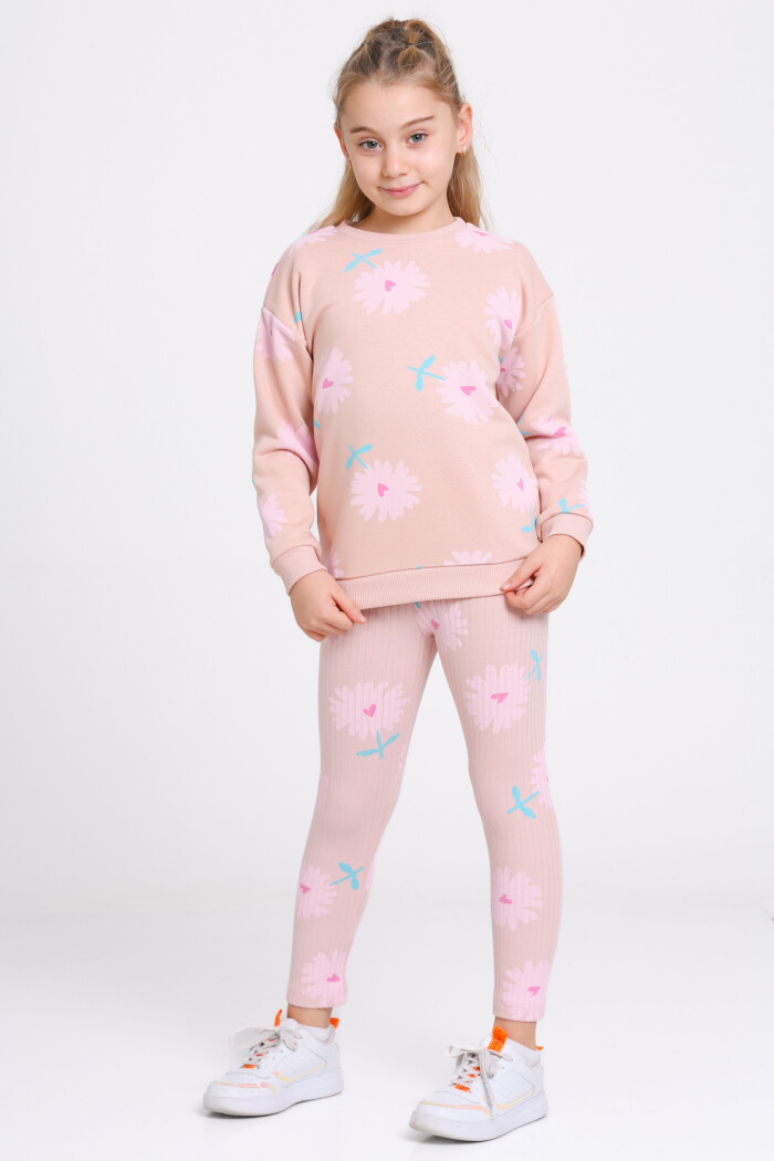 Kız Çocuk Yavru Ağzı Kalpli Papatya Desenli 3-7 Yaş Takım - 23275-2