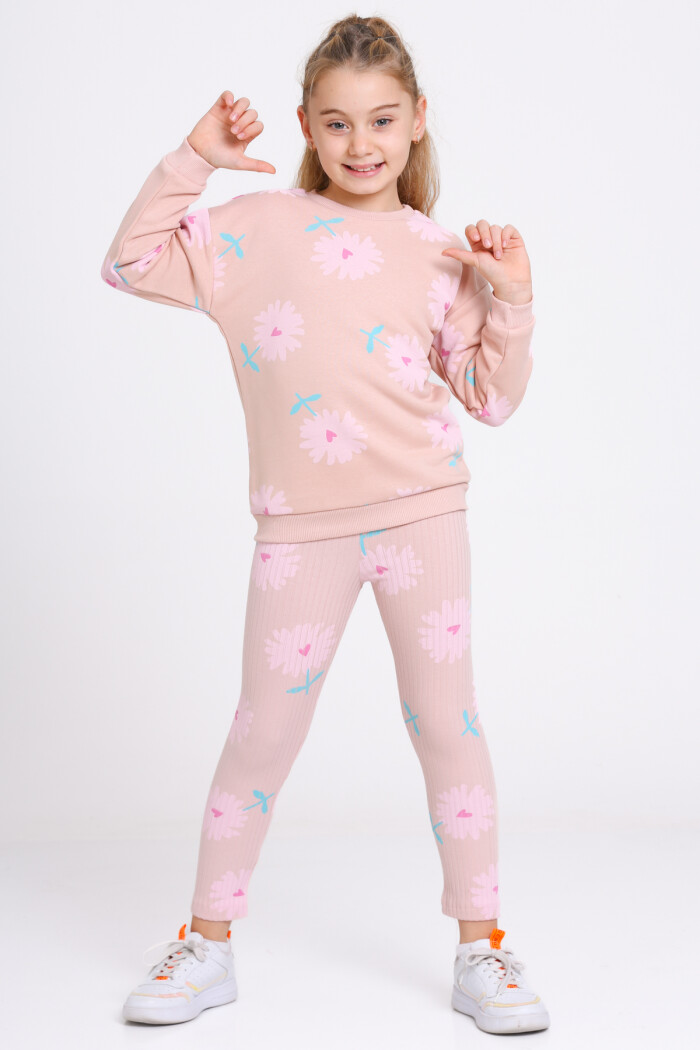 Kız Çocuk Yavru Ağzı Kalpli Papatya Desenli 3-7 Yaş Takım - 23275-2