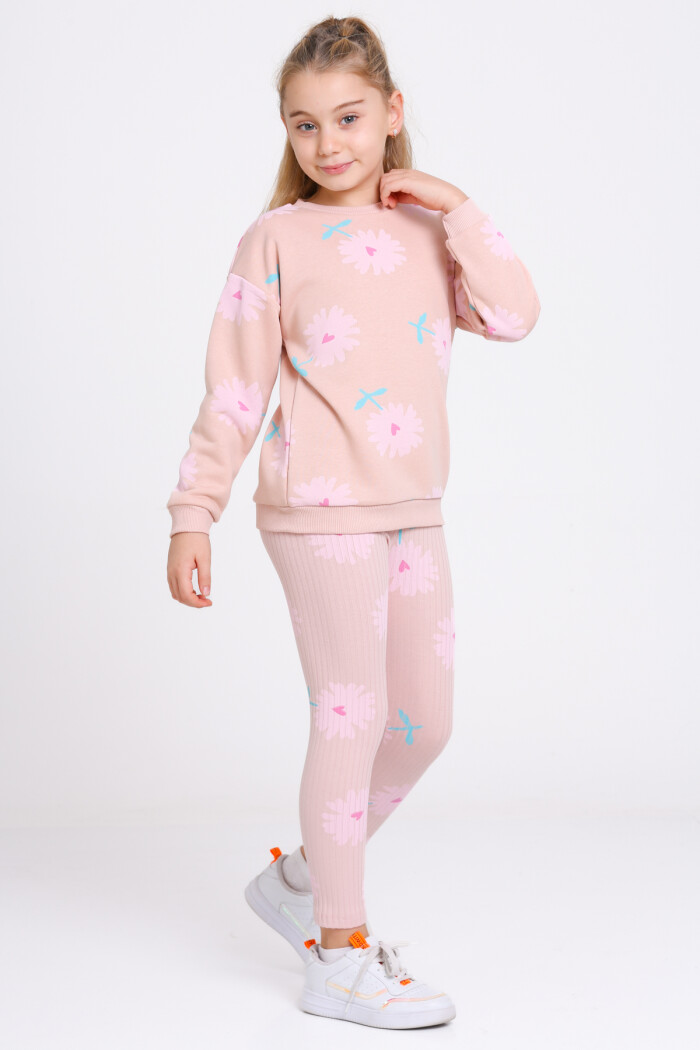 Kız Çocuk Yavru Ağzı Kalpli Papatya Desenli 3-7 Yaş Takım - 23275-2