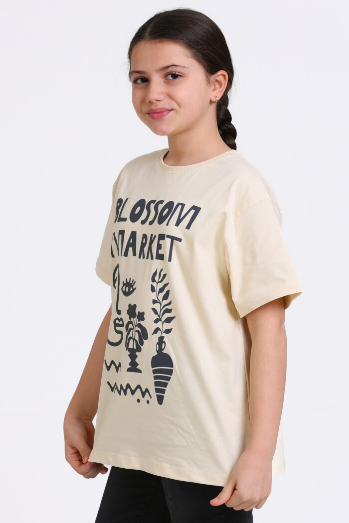 Krem Blossom Market Baskılı 4-12 Yaş Tişört - 2430-2