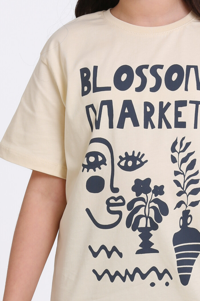 Krem Blossom Market Baskılı 4-12 Yaş Tişört - 2430-2