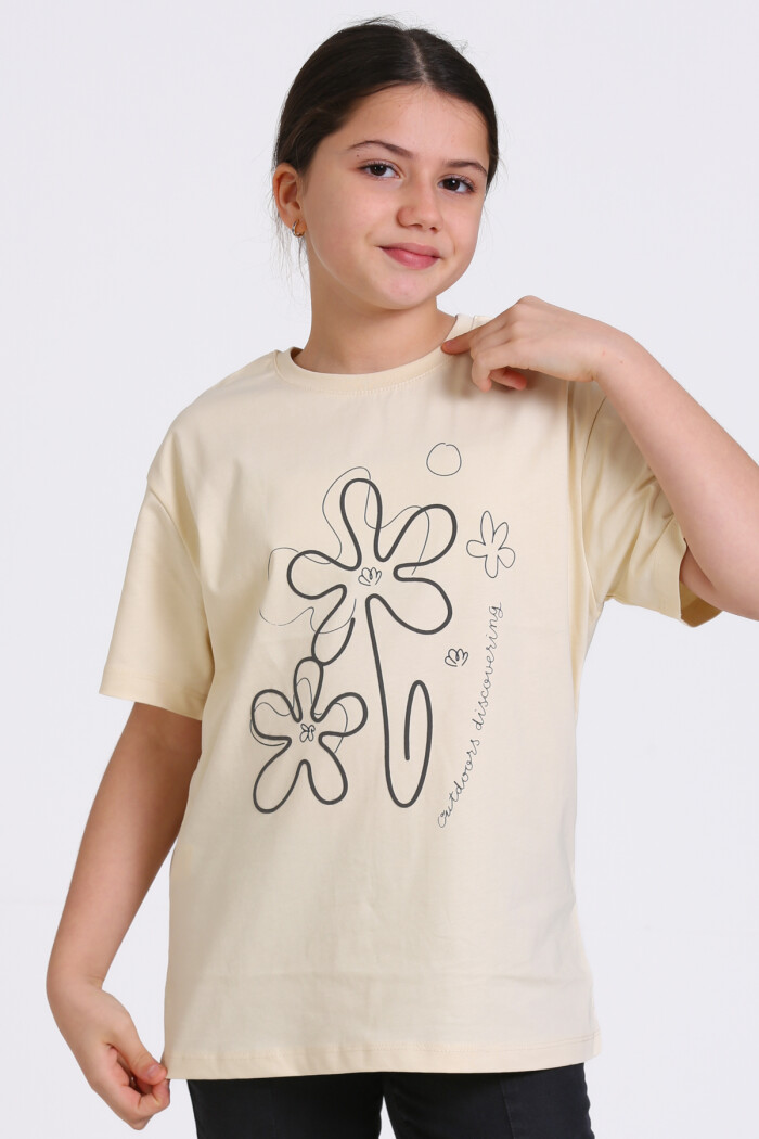 Krem Çiçek Desenli Baskılı 4-12 Yaş Tişört - 2432-1