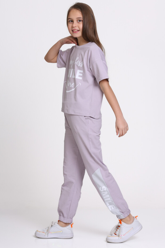 Lila Wory Less Smile More Baskılı 5-9 Yaş Takım - 2442-2