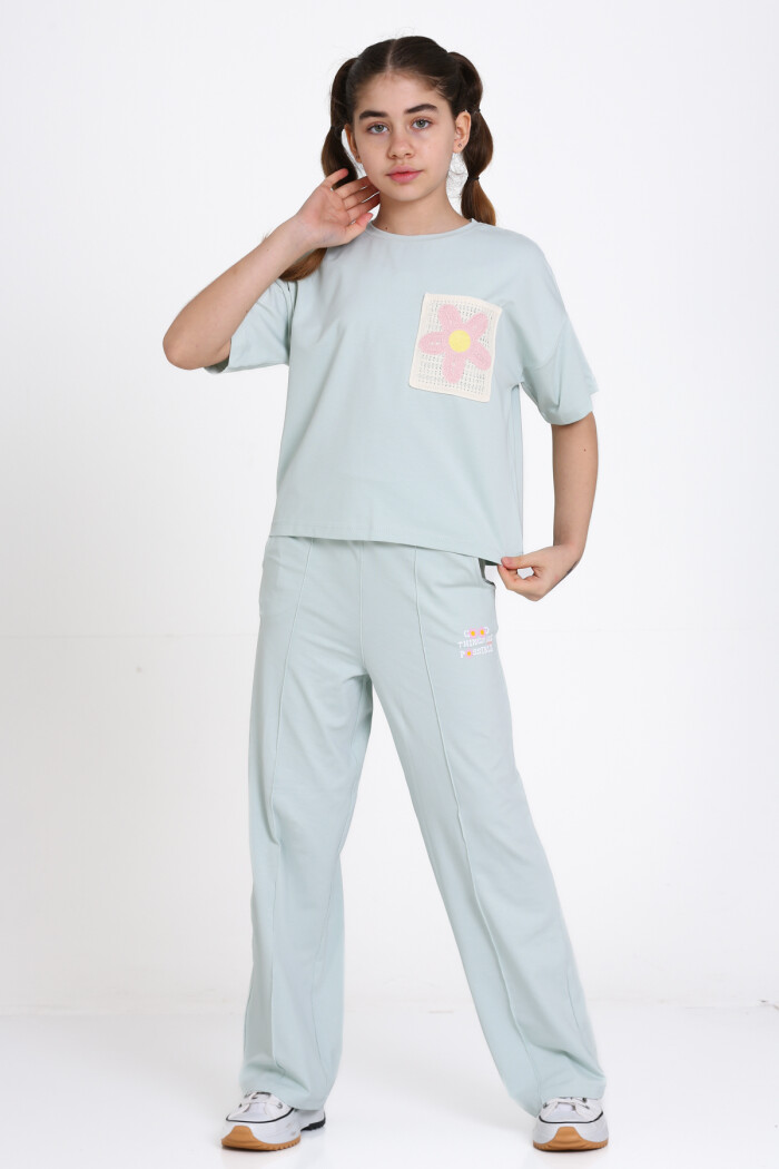 Mavi Dantel Cep Detaylı 8-12 Yaş Takım - 2468-2