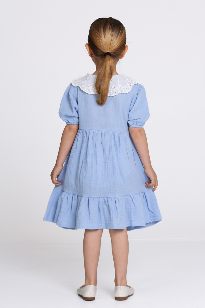 Mavi Müslin Kumaş Dantel Yaka 1-5 Yaş Elbise 2472-3