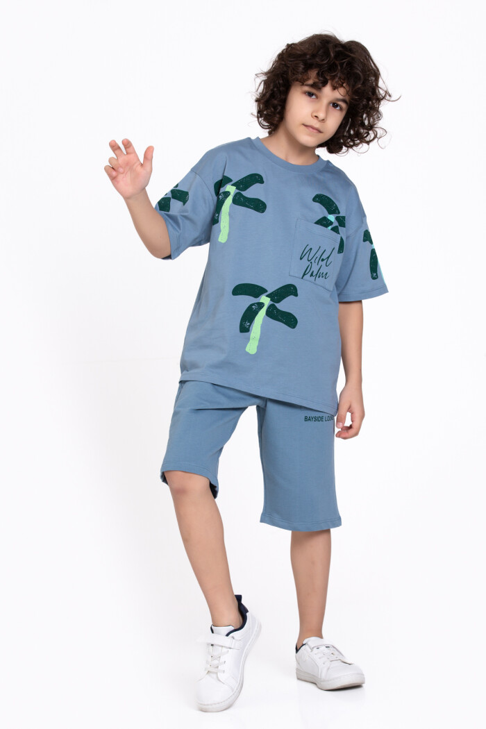Mavi Wild Palm Baskılı 5-9 Yaş Takım - 2436-2