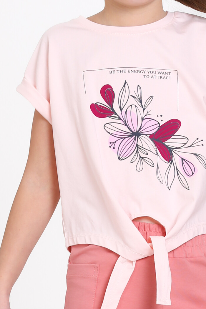 Pudra Çiçek Baskı Önü Bağlamalı Şortlu 5-9 Yaş Takım - 2441-1