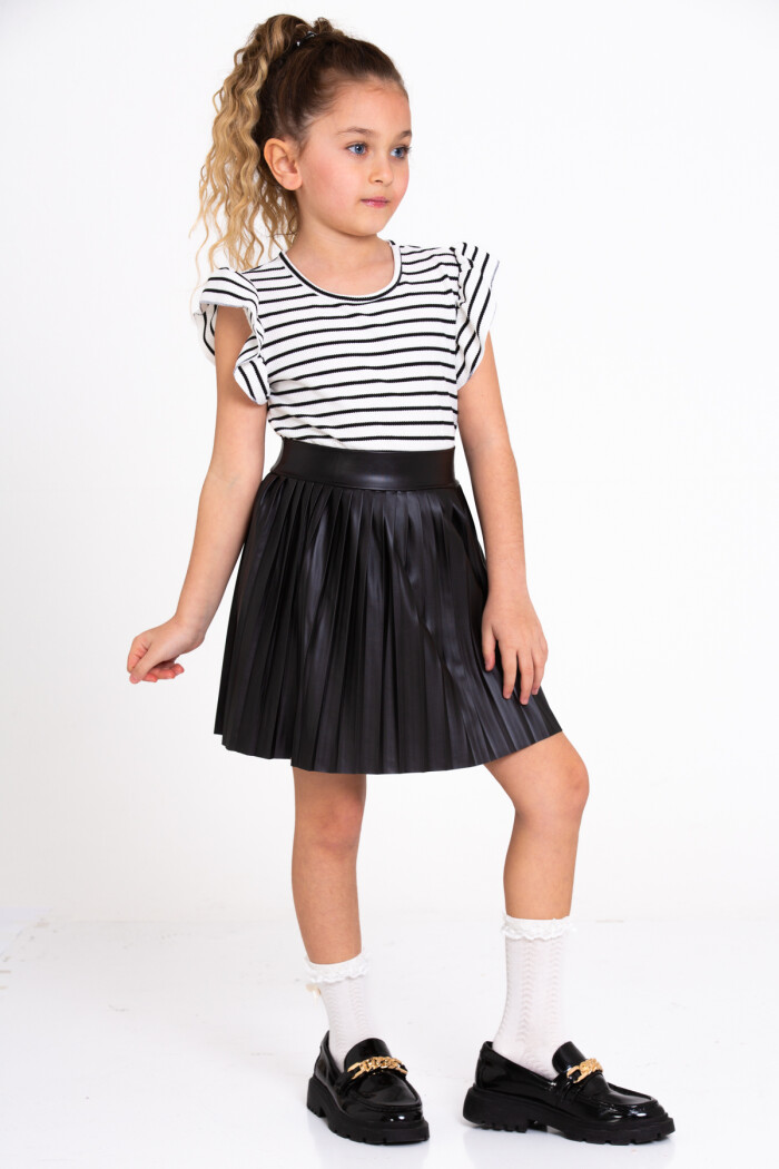 Siyah Çizgili Pileli Parlak Etekli 3-7 Yaş Takım - 2471-1