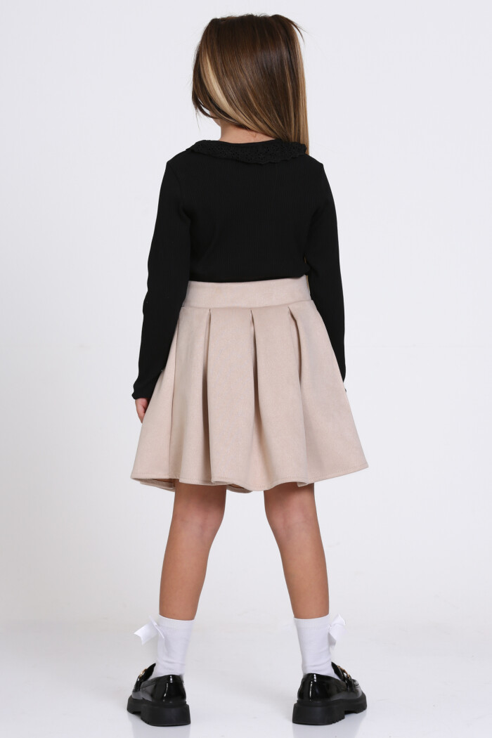 Siyah Süet Dantel Yaka Pileli Etekli 3-7 Yaş Takım - 23370-1