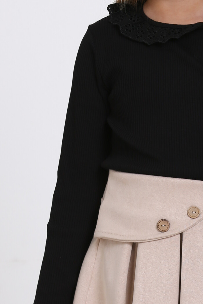 Siyah Süet Dantel Yaka Pileli Etekli 3-7 Yaş Takım - 23370-1