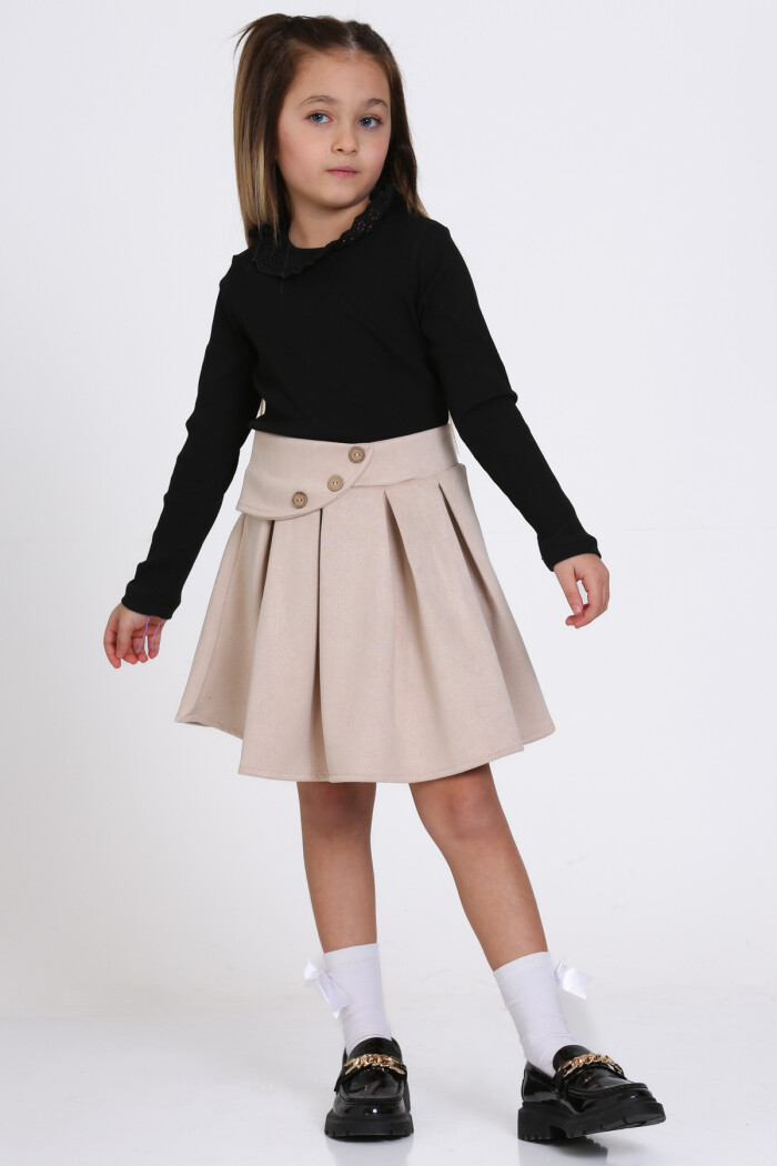 Siyah Süet Dantel Yaka Pileli Etekli 3-7 Yaş Takım - 23370-1