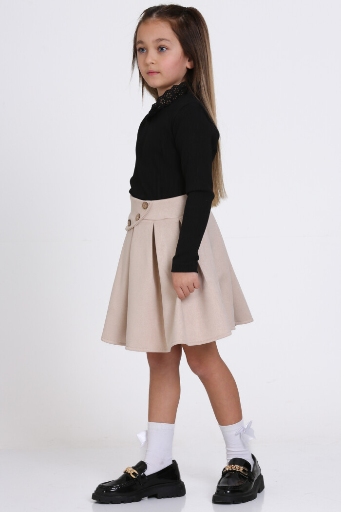 Siyah Süet Dantel Yaka Pileli Etekli 3-7 Yaş Takım - 23370-1