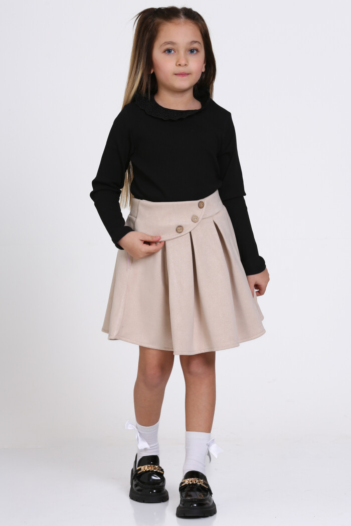 Siyah Süet Dantel Yaka Pileli Etekli 3-7 Yaş Takım - 23370-1