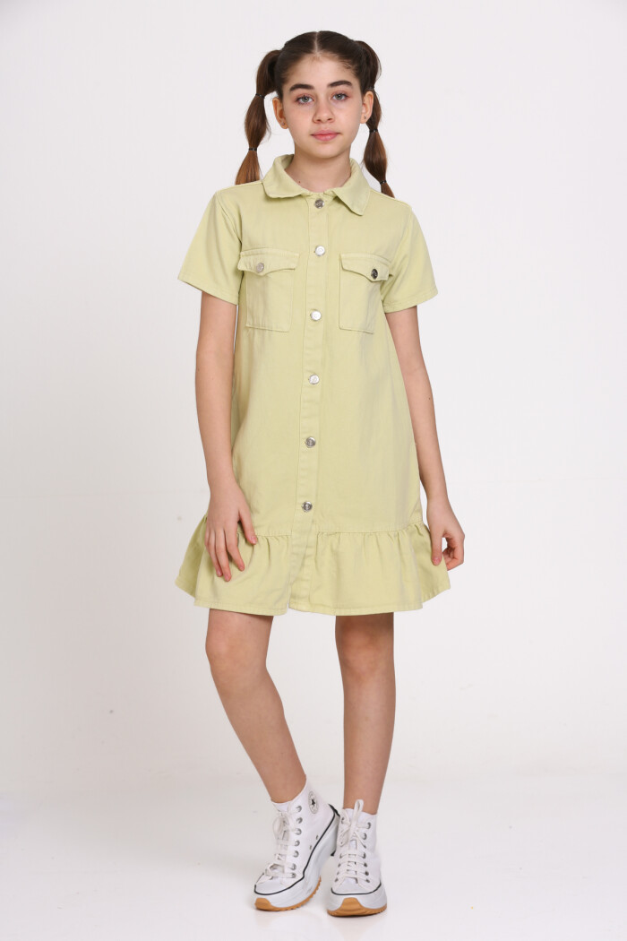 Yeşil Gabardin Cepli 8-12 Yaş Elbise - 23355-1