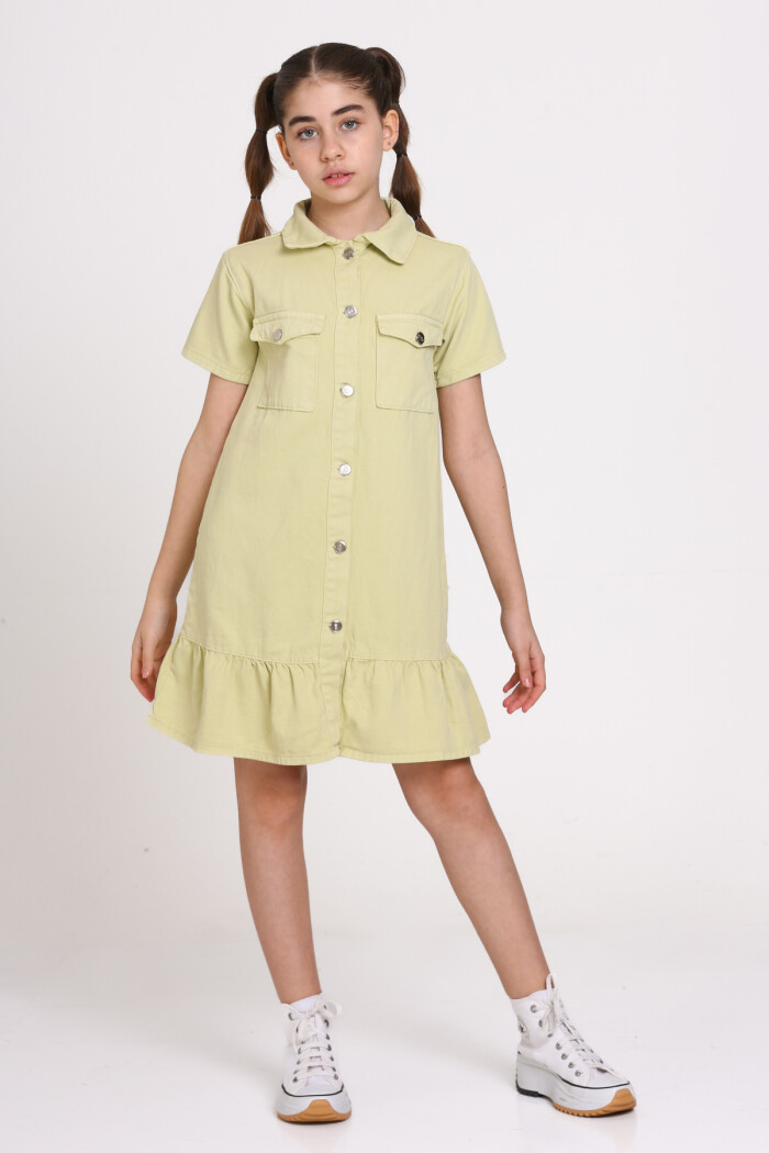 Yeşil Gabardin Cepli 8-12 Yaş Elbise - 23355-1