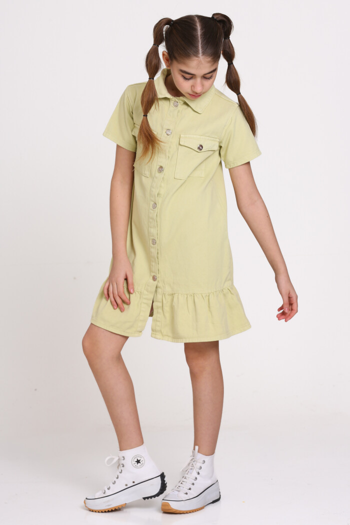 Yeşil Gabardin Cepli 8-12 Yaş Elbise - 23355-1