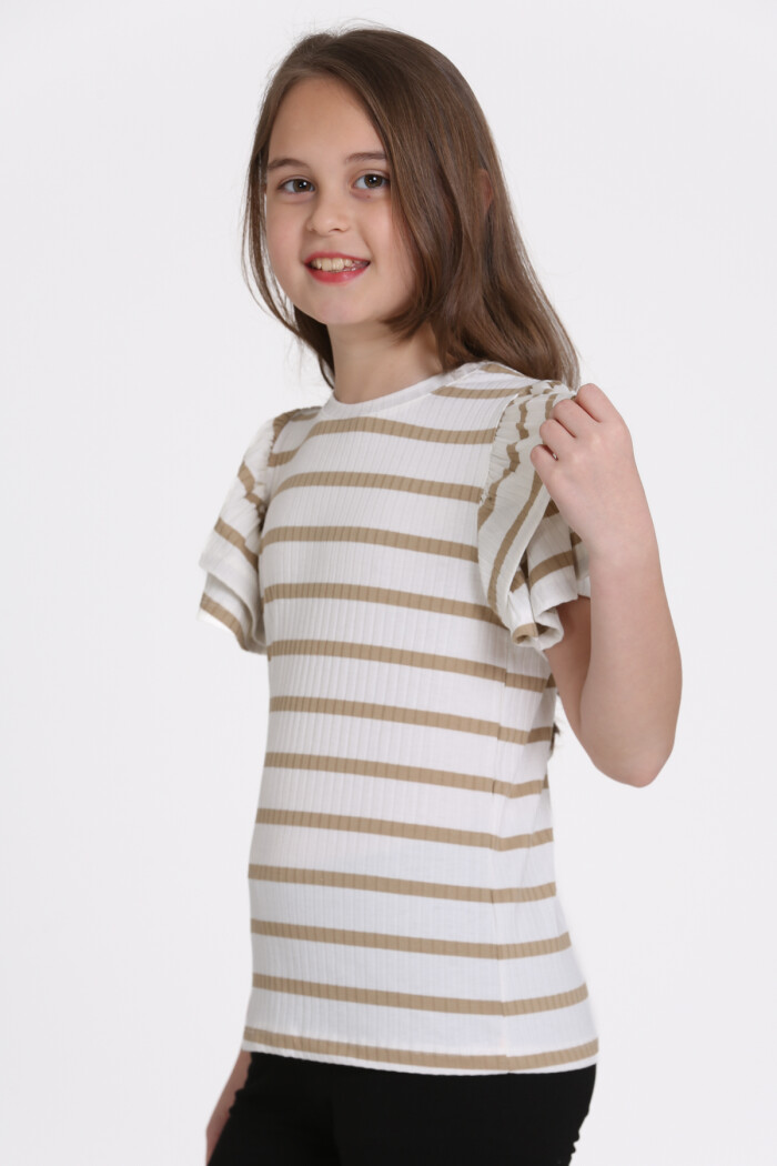 Bej Büzgülü 5-13 Yaş Tişört - 2516-1