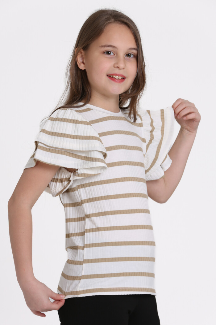 Bej Büzgülü 5-13 Yaş Tişört - 2516-1