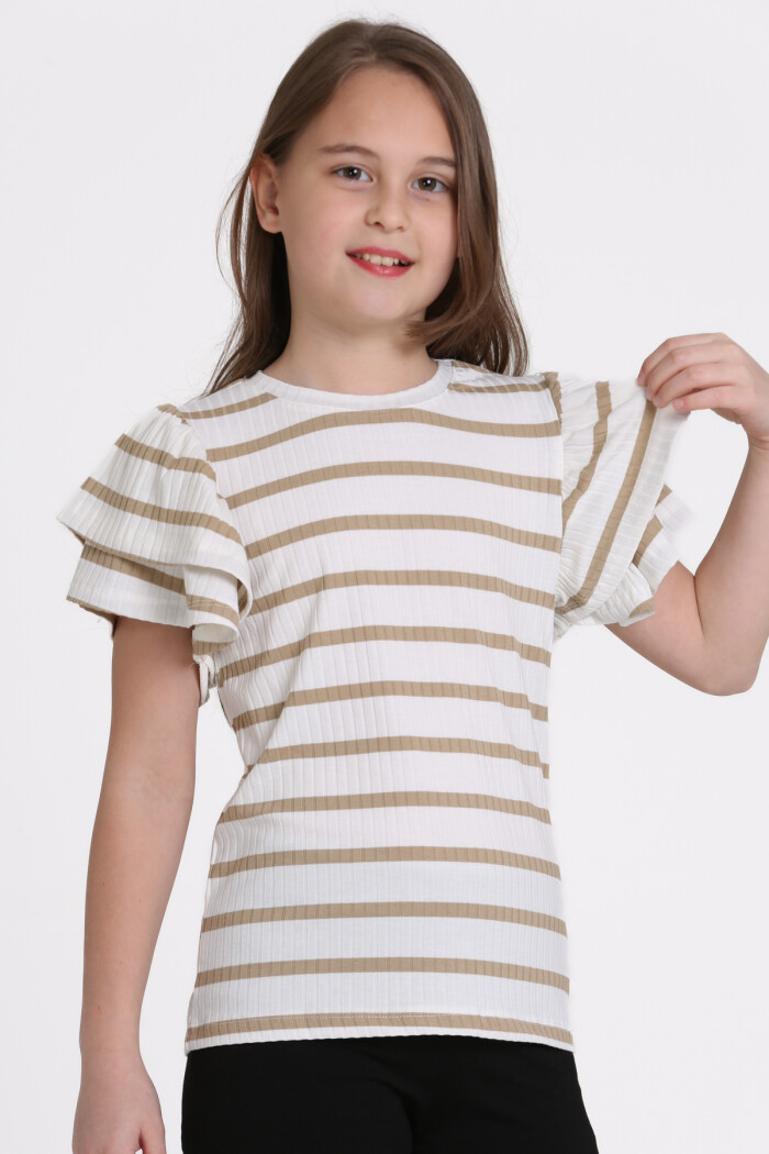 Bej Büzgülü 5-13 Yaş Tişört - 2516-1