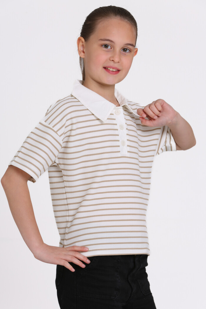 Bej Çizgi Desenli 5-13 Yaş Tişört - 2506-1