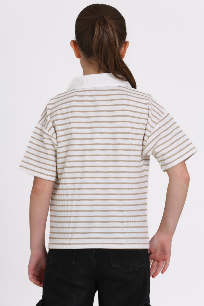 Bej Çizgi Desenli 5-13 Yaş Tişört - 2506-1
