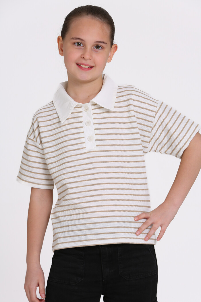 Bej Çizgi Desenli 5-13 Yaş Tişört - 2506-1